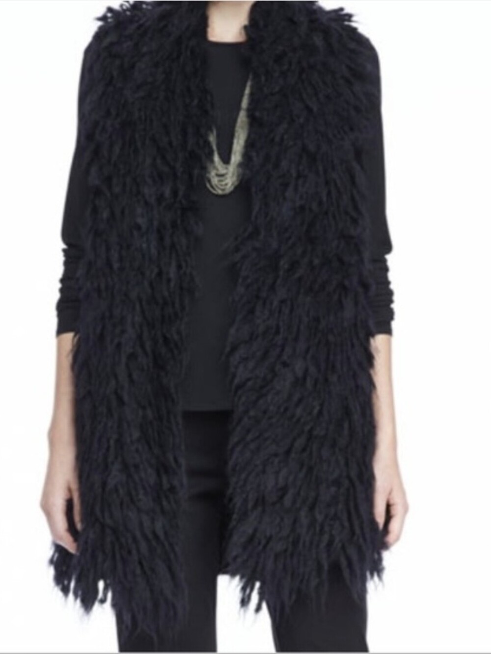 Eileen Fisher Mohair Wool Blend Shaggy Fringe Open Front Vest Charcoal Gray S